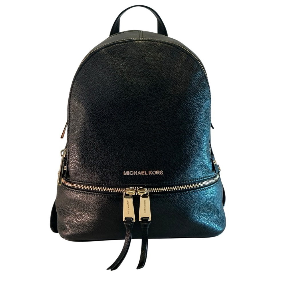 Michael Kors Bag Rhea Medium Pebbled Leather Backpack Black w/Gold Hardware
